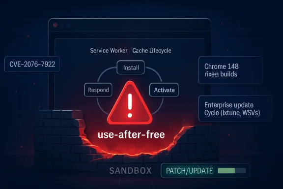 Warning-themed cybersecurity graphic showing “use-after-free” with a CVE and cache lifecycle labels.