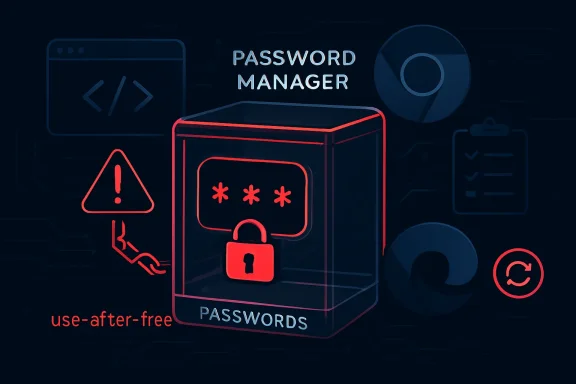 Cyber password manager illustration with a locked password vault and warning icons.
