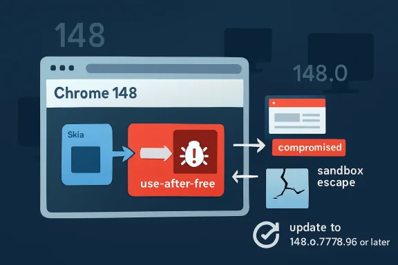 Chrome 148 security graphic shows use-after-free leading to a compromised app via sandbox escape.