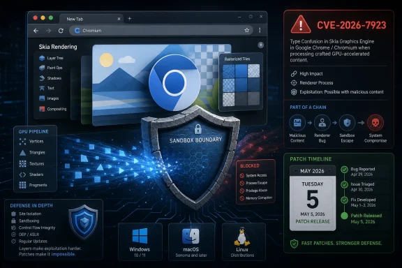 Infographic showing Chrome/Chromium Skia rendering CVE-2026-7923, sandbox escape, and patch timeline with dates.