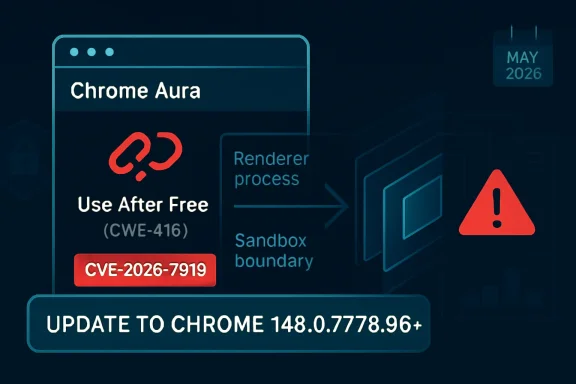 Cybersecurity graphic warns of Chrome “Aura” use-after-free flaw (CVE-2026-7919) and urges updating to Chrome 148.0.7778.96+.