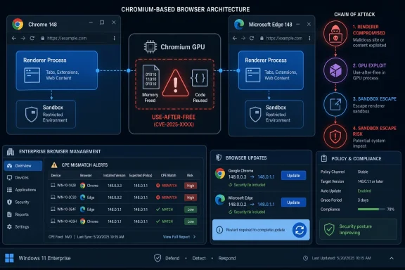 Diagram shows Chromium browser architecture and a chain-of-attack using a GPU use-after-free exploit.