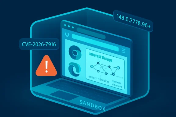 Illustration of a “SANDBOX” laptop with security alerts (CVE-2026-7916) and a vulnerability warning.