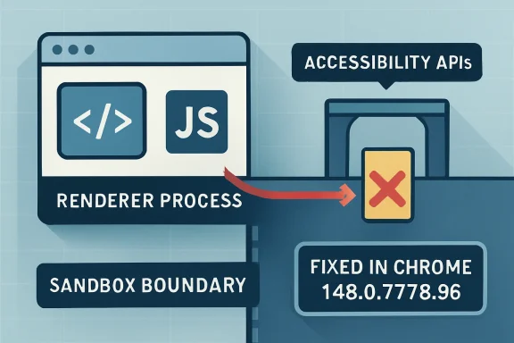 Illustration of a browser render process with accessibility APIs, sandbox boundary, and “fixed in Chrome 148.0.7778.96.”