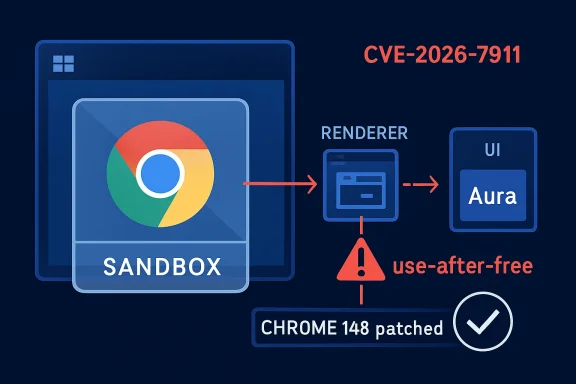 Infographic showing Sandboxed Chrome rendering to Aura, warning about use-after-free with CVE-2026-7911.