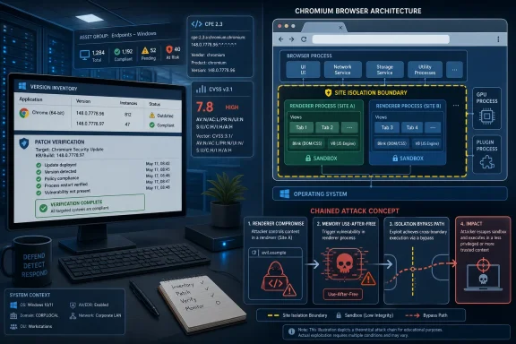 Infographic of Chromium browser architecture showing sandboxing, process isolation, and a chained attack concept.