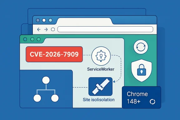 Illustration of a CVE-2026-7909 security risk affecting Service Worker and Chrome site isolation.