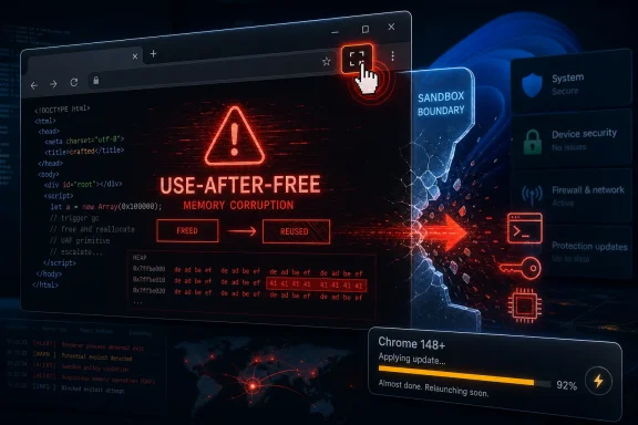 Glowing hacking UI shows “USE-AFTER-FREE” memory corruption, sandbox boundary, and Chrome update progress.