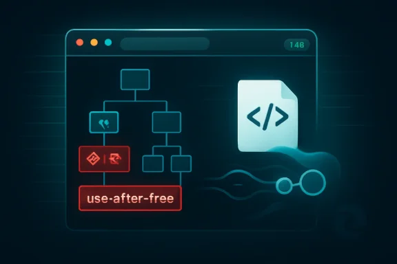 Neon digital diagram showing a “use-after-free” node and code icon on a dark interface.