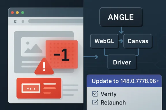 Diagram shows WebGL-to-Canvas pipeline with a driver update to version 148.0.7778.96+.