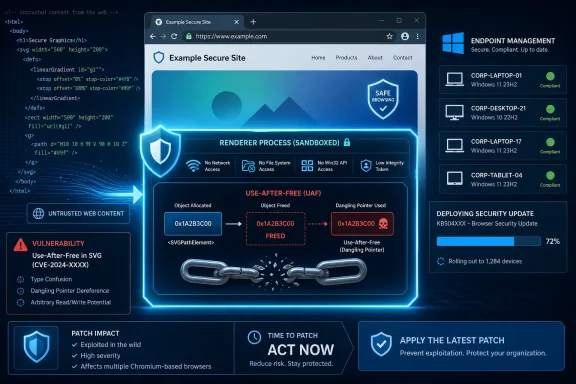 Cybersecurity dashboard shows a browser sandbox renderer “safe browsing” with a use-after-free vulnerability alert and patch update.