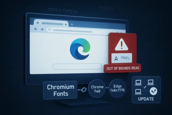 A computer screen shows browser font resources with a warning icon reading “Out of bounds read.”