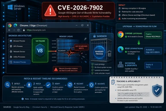 Infographic warning about CVE-2026-7902 V8 out-of-bounds write, impacting Chrome/Edge and patch guidance.