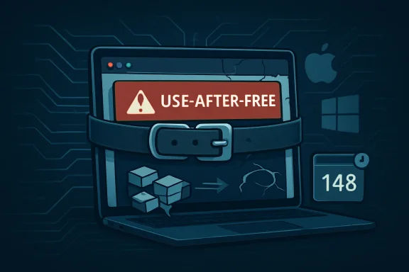 Futuristic laptop screen shows a “USE-AFTER-FREE” warning with code hacking theme.