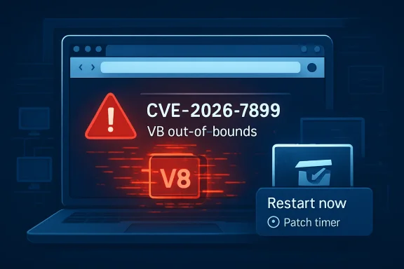 Computer screen shows CVE-2026-7899 error: “VB out-of-bounds,” with warning and restart patch timer.