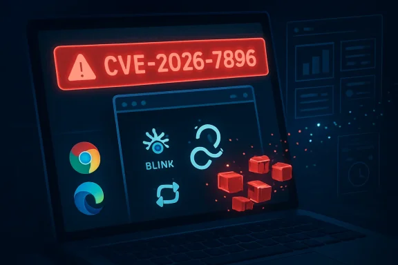 Laptop screens show Chrome-like icons and a red “CVE-2026-7896” security warning with infected data cubes.