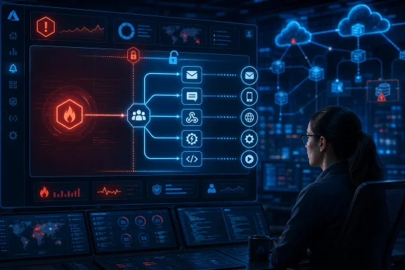 Cybersecurity dashboard with glowing network nodes and threat icons, viewed by a woman in a control room.