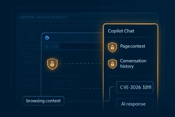 Futuristic Copilot Chat UI showing page context, conversation history, browsing context, and AI response.