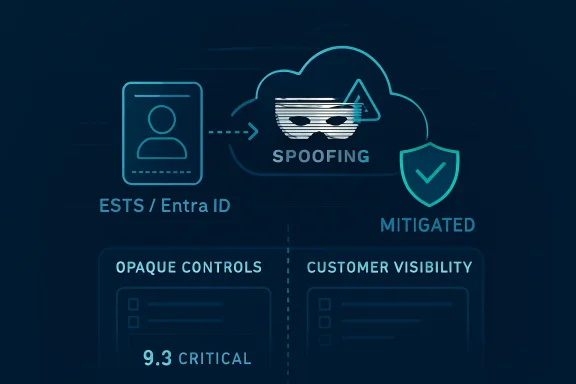 Cybersecurity illustration showing ES TS/Entra ID spoofing and mitigated customer visibility with a shield.