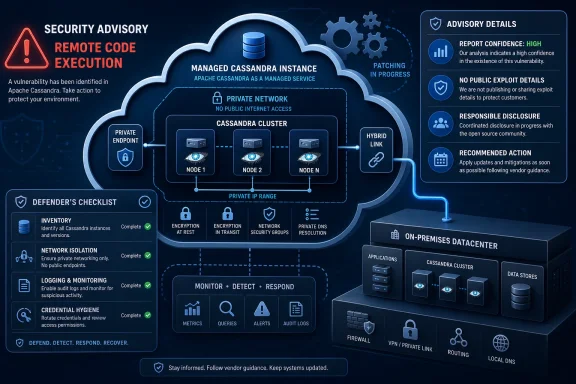 Cybersecurity infographic showing managed Apache Cassandra cluster secured by private networking and patching, with advisory details.