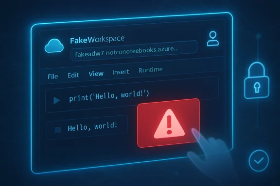 Neon cloud IDE interface showing “print('Hello, world!')” with a red warning triangle.