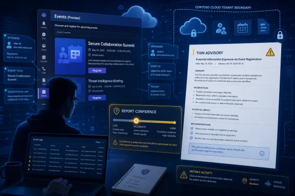 Cybersecurity dashboard shows cloud event registration analytics, a thin advisory notice, and report confidence.