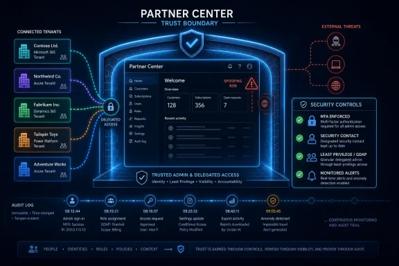 Cybersecurity dashboard showing a “Partner Center” trust boundary with spoofing risks, controls, and audit log.