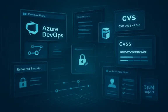 Abstract Azure DevOps cyber dashboard with security locks, reports, and network icons in blue.