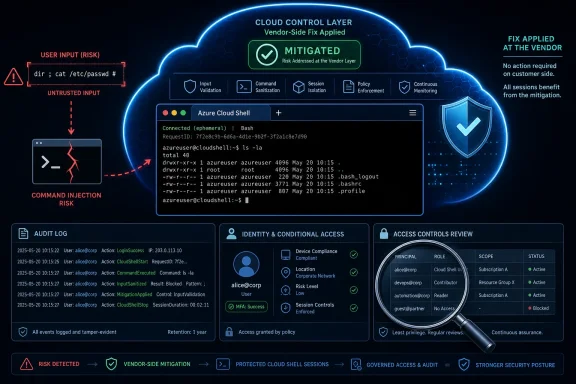 Cloud security dashboard showing mitigated vendor-side fix for Azure Cloud Shell with audit and access controls.