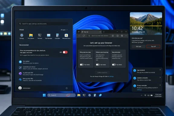 A laptop screen shows Windows 11 setup prompts and app tiles over a blue desktop background.