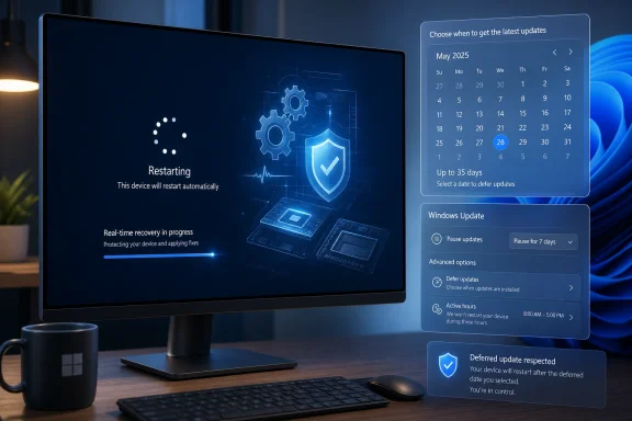 Windows update interface shows “Restarting” on a desktop screen with update scheduling options for May 2025.
