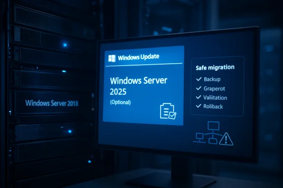 Blue-lit server screens showing Windows Update for Windows Server 2025 with safe migration options.