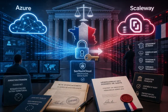 Cybersecurity concept image with Azure and ScaleWay branding, French server racks, and signed cloud sovereignty documents.