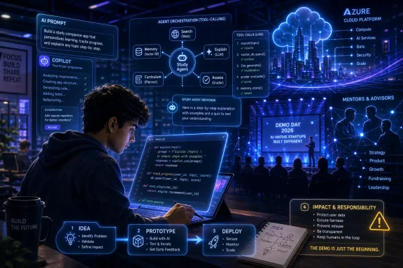 A programmer works at a laptop in a futuristic tech stage display for an AI study agent and Azure cloud demo.