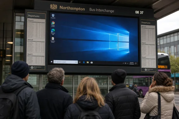 People wait at Northampton bus interchange as a large departures screen shows Windows desktop.