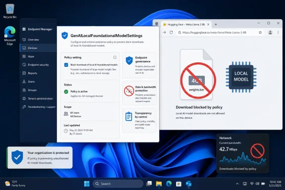 Windows Endpoint Manager shows policy blocking local AI model downloads via a web dashboard.