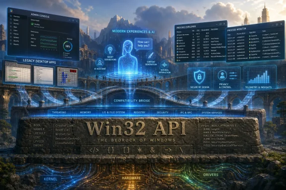Futuristic “Win32 API” interface with floating system consoles and AI process-monitor windows over a cityscape.