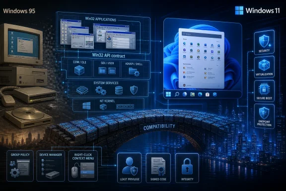 Futuristic Windows compatibility and security diagram with Win32 APIs, Windows 11 UI, and protected system icons.