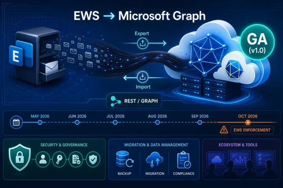 Tech infographic showing EWS migration to Microsoft Graph with REST/Graph, cloud sync, and a GA v1.0 badge.