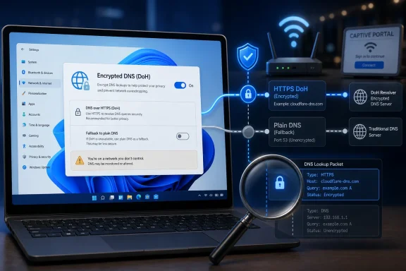 Laptop shows Windows Encrypted DNS (DoH) settings with a secure DNS flow diagram and magnifying glass.