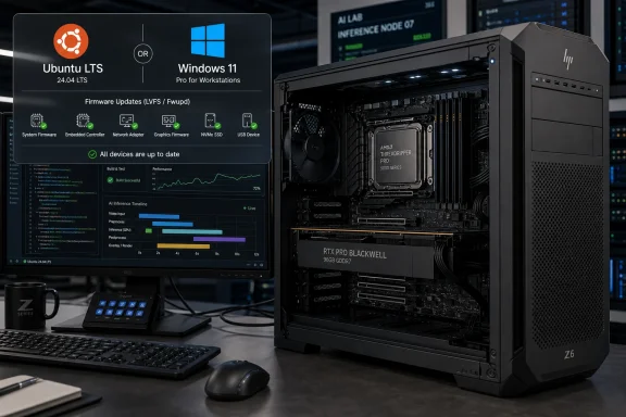 Server workstation showing Ubuntu/Windows update dashboard beside an open PC with AMD processor and RTX PRO GPU.