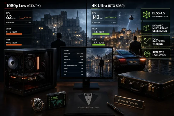 Split-screen PC performance comparison: 1080p GTX/RX vs 4K Ultra RTX 5080 with DLSS and ray tracing UI.