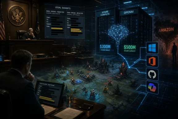 Futuristic war-room scene showing server dashboards, AI networks, and email exhibits beside a battlefield hologram.