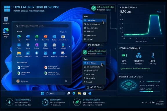 Windows 11 desktop UI shows instant app actions, CPU speed chart, and power/thermal performance overlay.