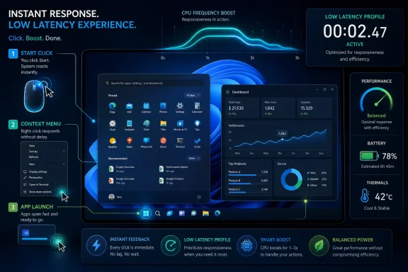 Futuristic UI dashboard showing low-latency system boosts with CPU boost, performance, battery, and thermals.