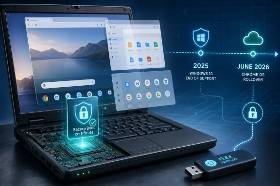 Secure Boot enabled laptop with Windows/Chrome OS timeline showing end-of-support and rollover dates.