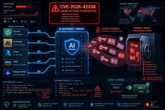 Cybersecurity infographic showing a vulnerable AI gateway/proxy under critical CVE risk, leaked secrets, and urgent patching.