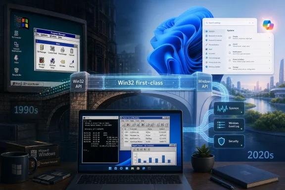 Collage of Windows 1990s, Win32, and 2020s APIs with floating settings panels over a city skyline.
