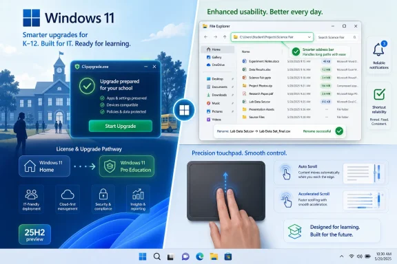 Windows 11 Pro Education upgrade poster showing setup, File Explorer, and touchpad features for learning.