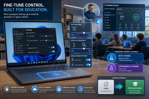 Classroom scene showing a laptop interface and admin dashboard for fine-tuned touchpad and Windows update channels.